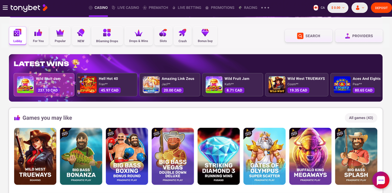 TonyBet is the best Canadian casino for real money play